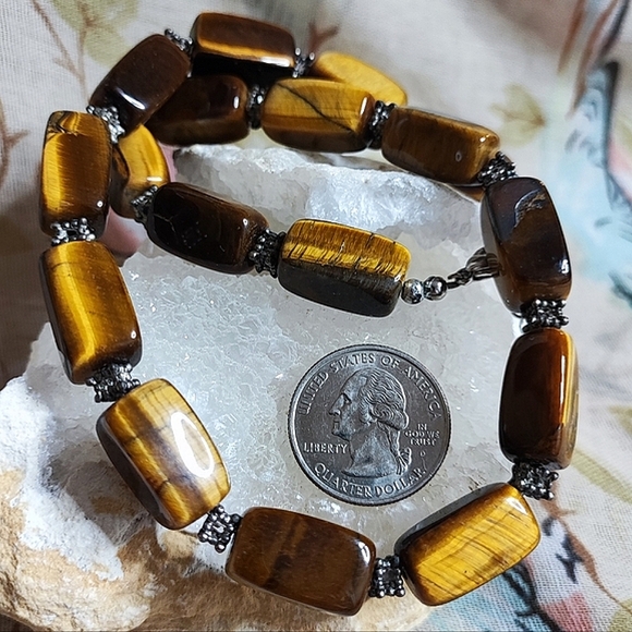 Heavy Stone Tiger's Tiger Eye Brown Carmel Cold Vintage Silver Tone Necklace - Picture 6 of 8